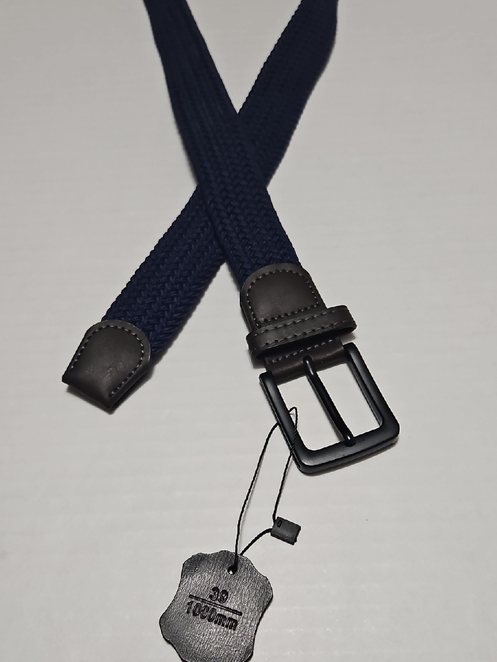Men's Navy Braided Elastic Belt with Dark Brown Leather Trim Size M